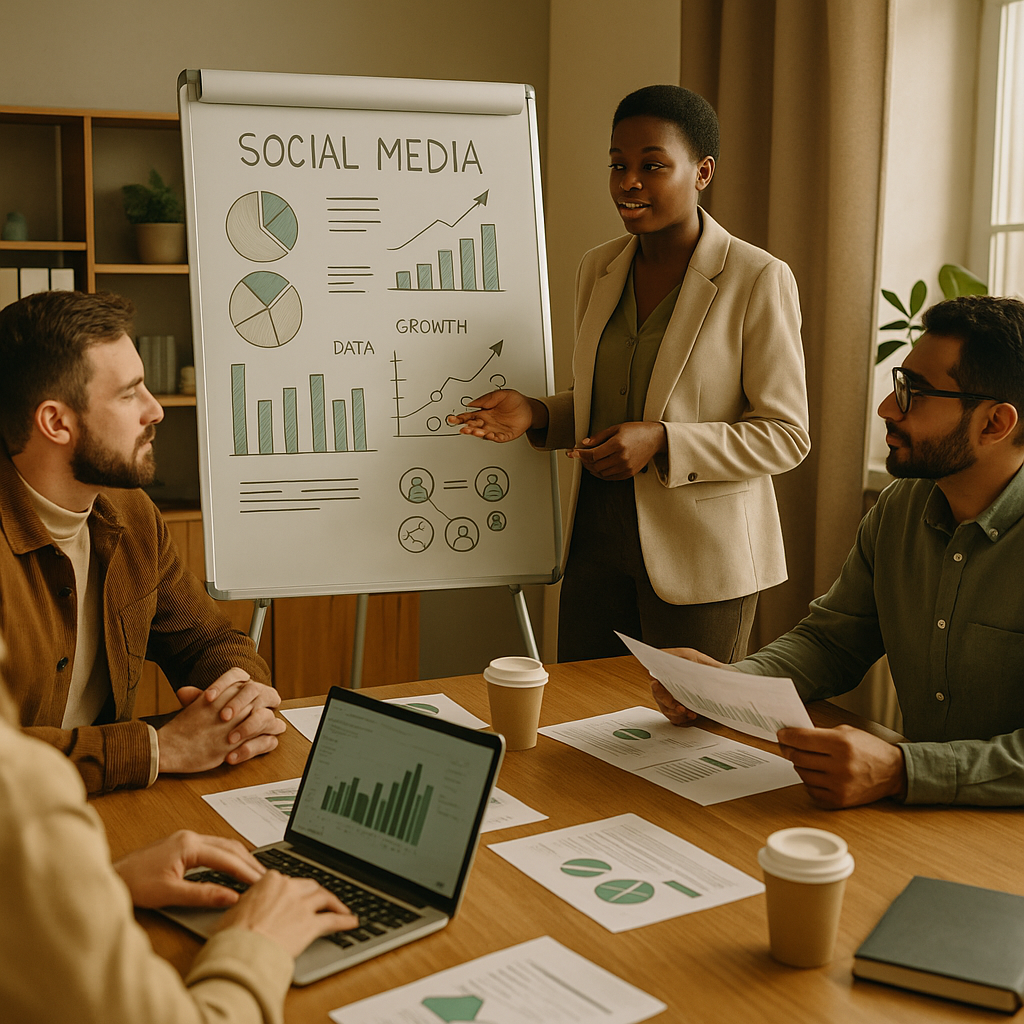 Equipe de varejo planejando uma estrategia de marketing em redes sociais com conteúdo de criadores e storytelling de produto em um laptop