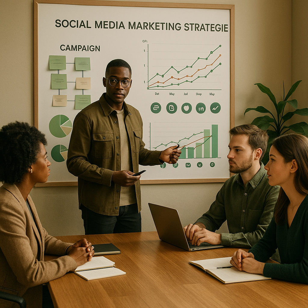 Teamleden die samenwerken rond een laptop en sociale icons