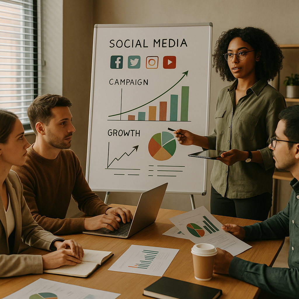 Equipo de redes sociales planificando roles, flujos de trabajo y presupuesto para una estrategia de marketing en 2026.