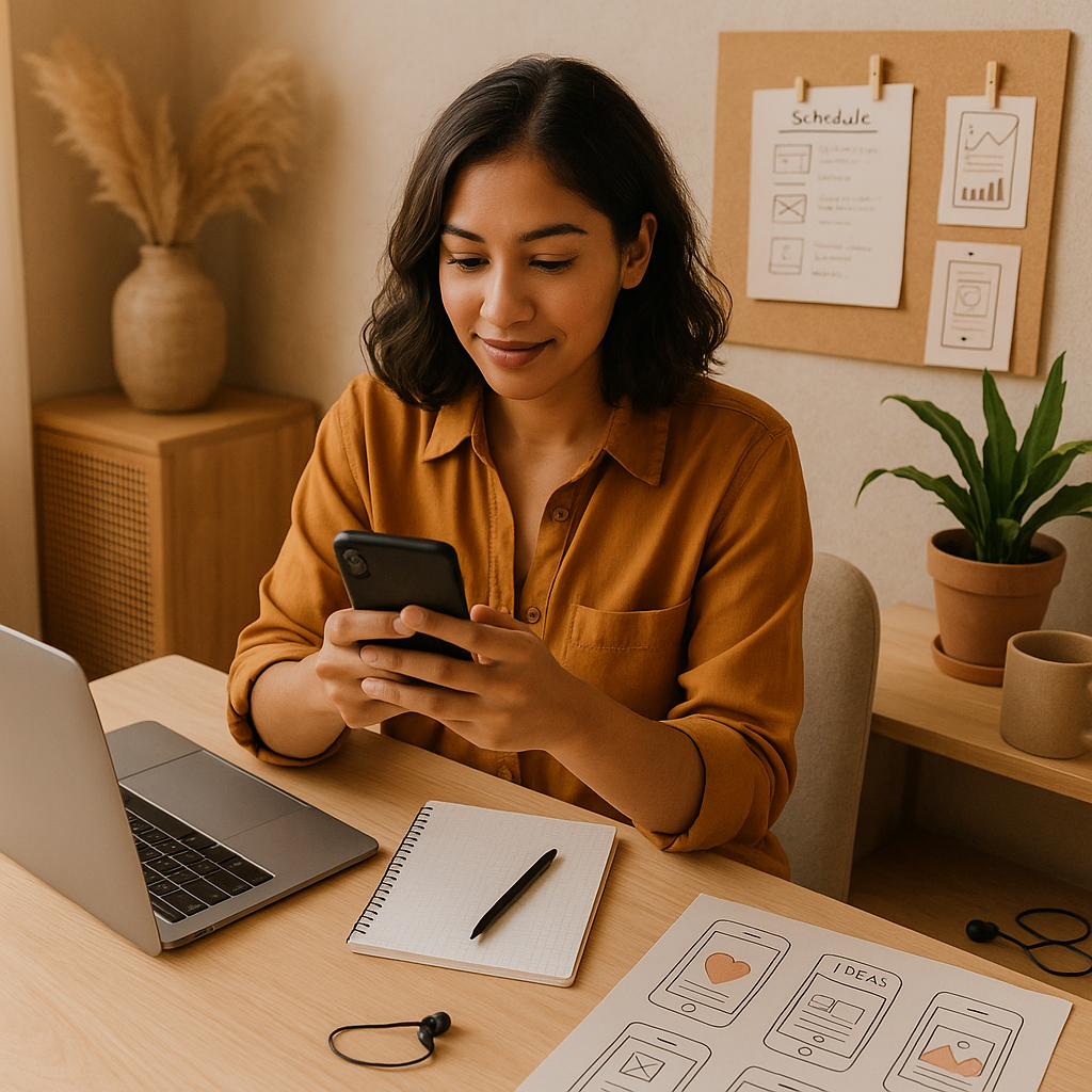 Criador analisando métricas do Instagram e insights de descoberta de conteúdo em um celular
