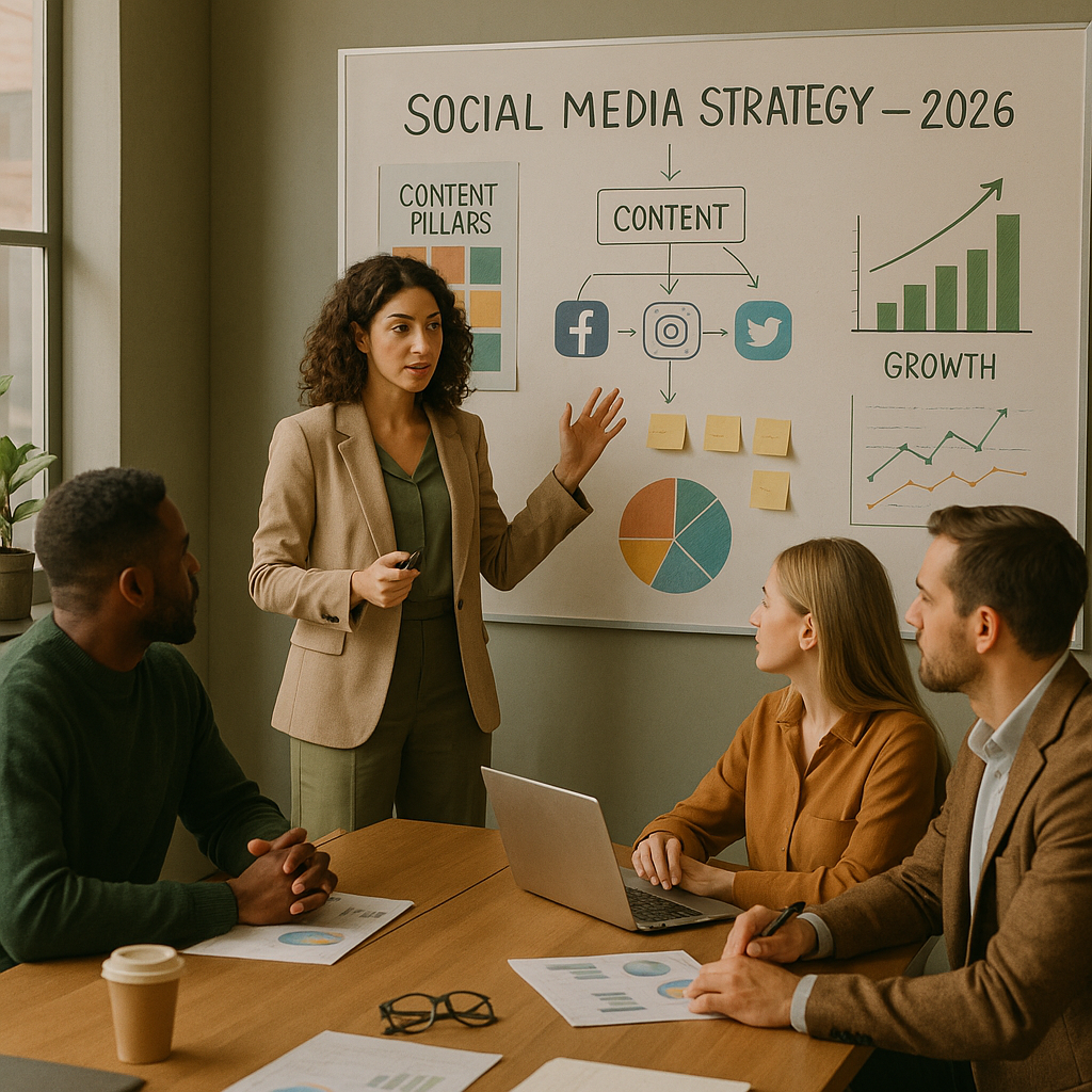 Equipe a planear content pillars para uma estrategia de marketing em redes sociais num quadro de conteúdo.