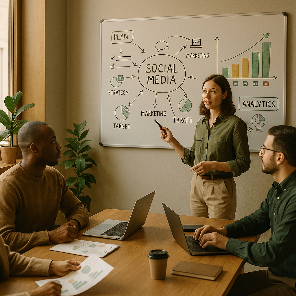 Equipe de marketing B2B analisando um dashboard de AEO para visibilidade em answer engines em 2026