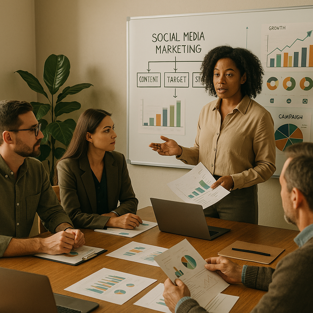 Equipe de marketing analisando resultados de IA social-first em um dashboard