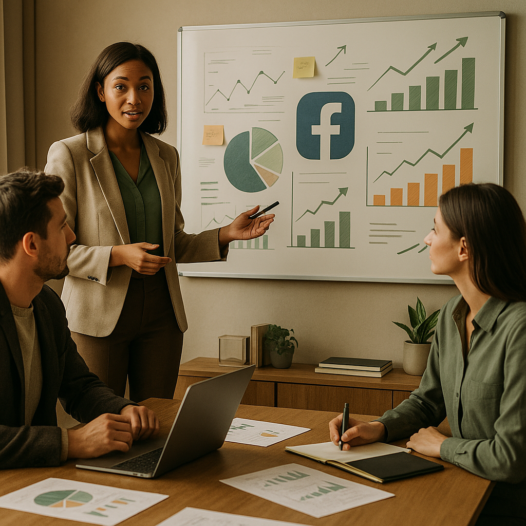 Dashboardschermen met Facebook-analysematen, engagementgrafieken en rapportagewidgets.