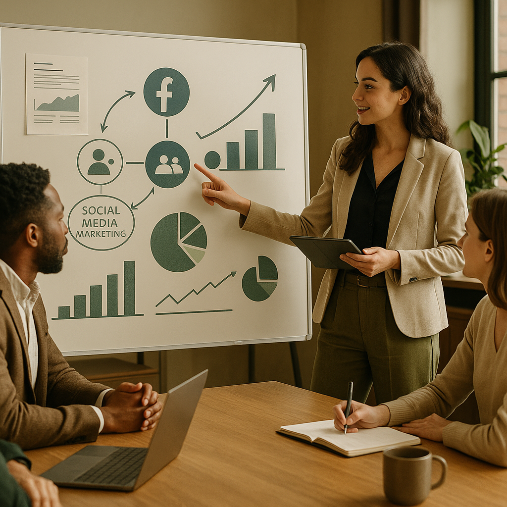 Dashboard showing Facebook analytics charts and campaign performance metrics