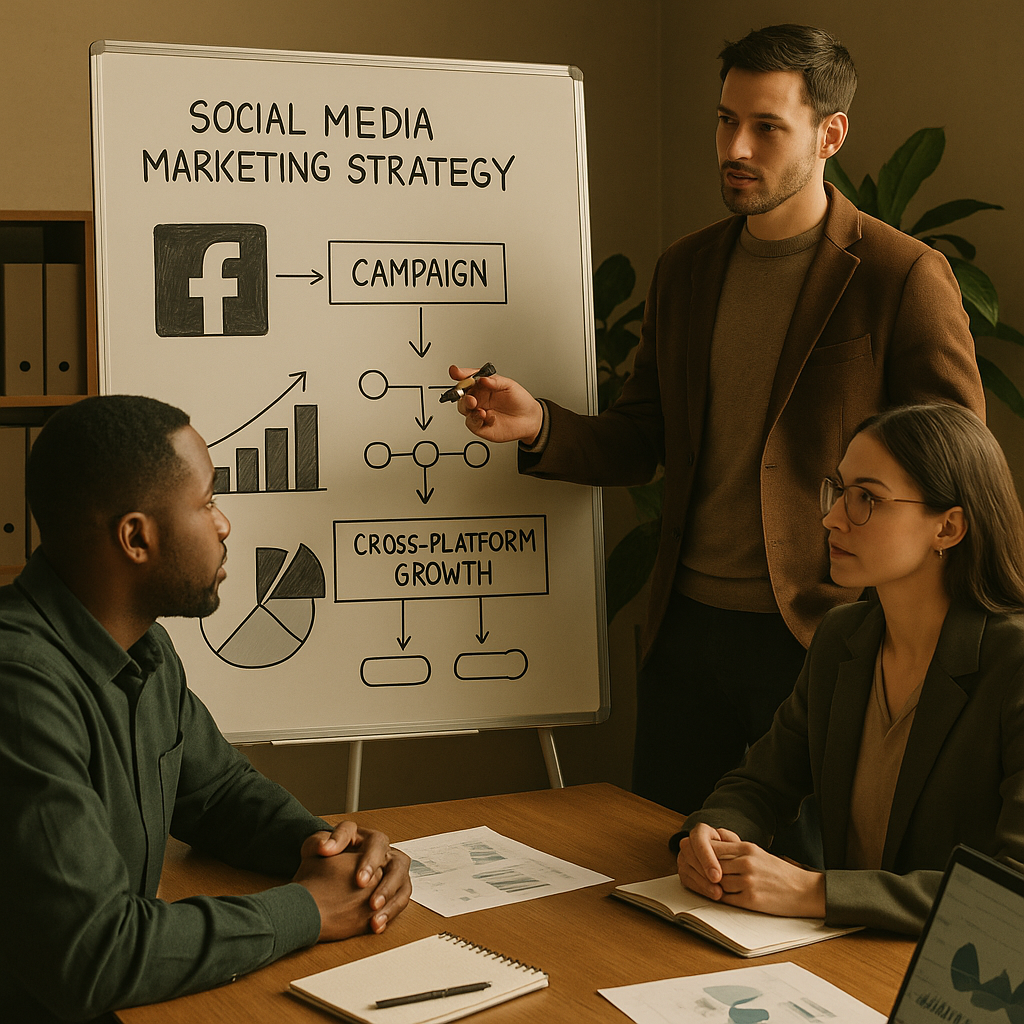 Dashboard screens showing Facebook analytics metrics, charts, and performance trends.