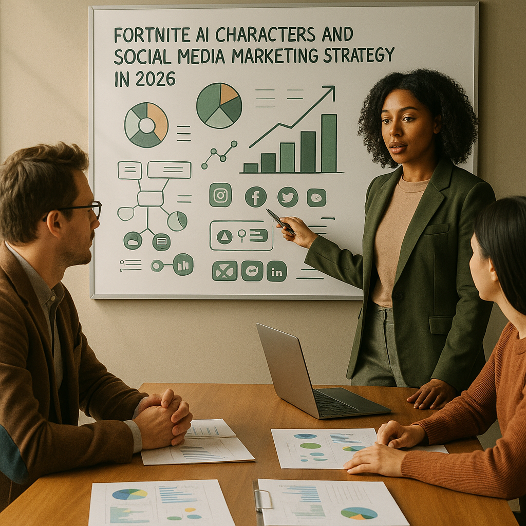 Fortnite AI characters concept with social media marketing strategy notes on a digital dashboard