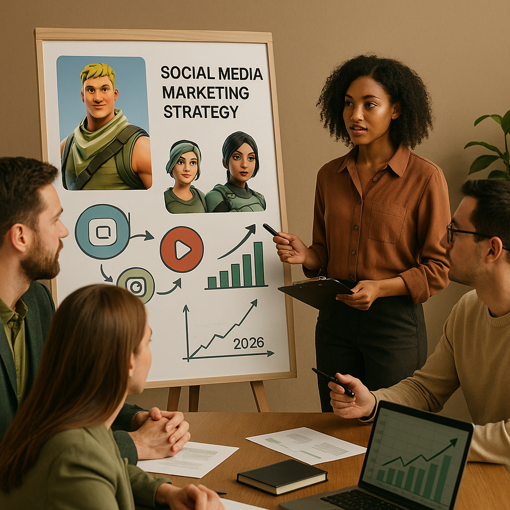 Fortnite-style AI character concept illustrating interactive social media marketing strategy
