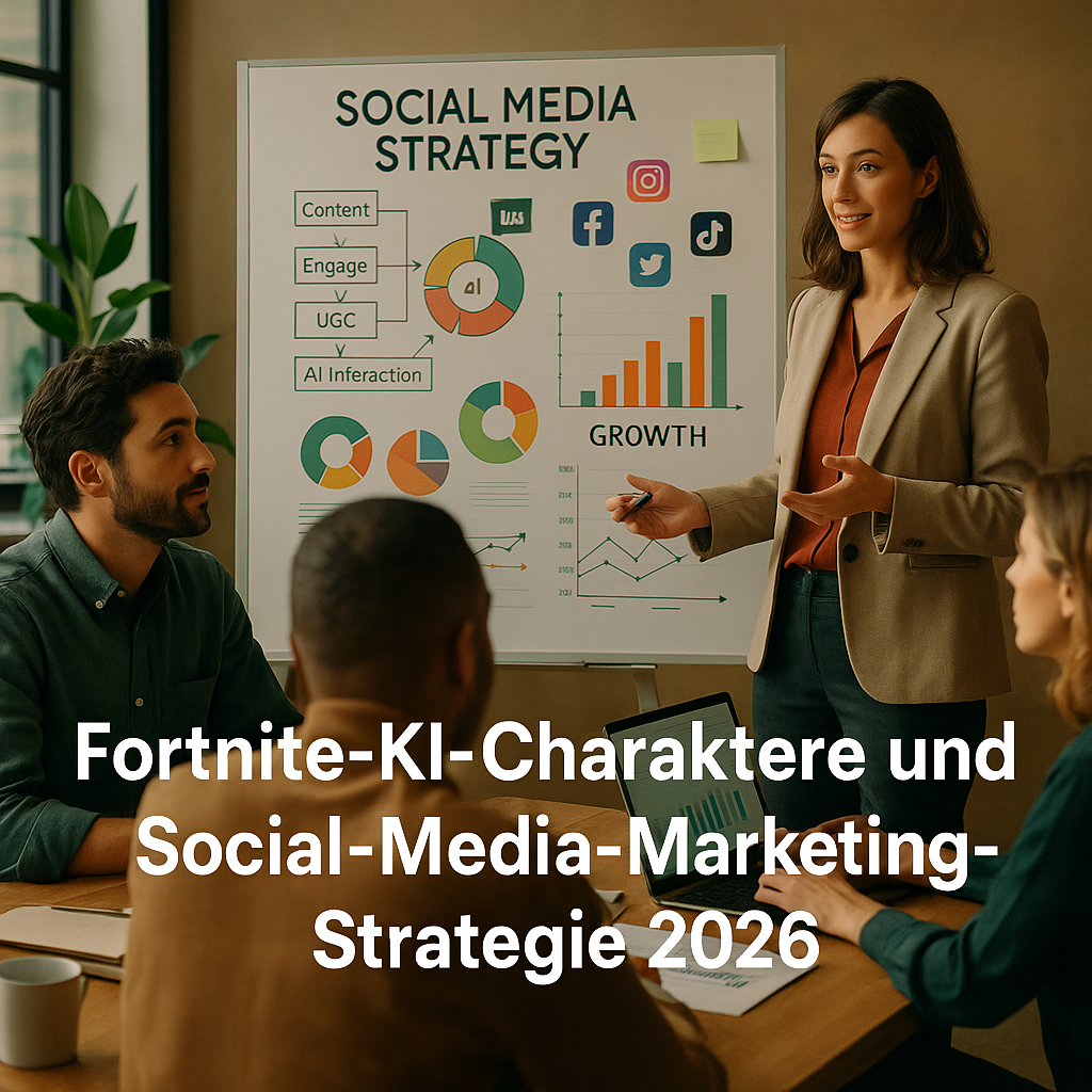 Konzept zu Fortnite-KI-Charakteren mit Notizen zur Social-Media-Marketing-Strategie auf einem digitalen Dashboard