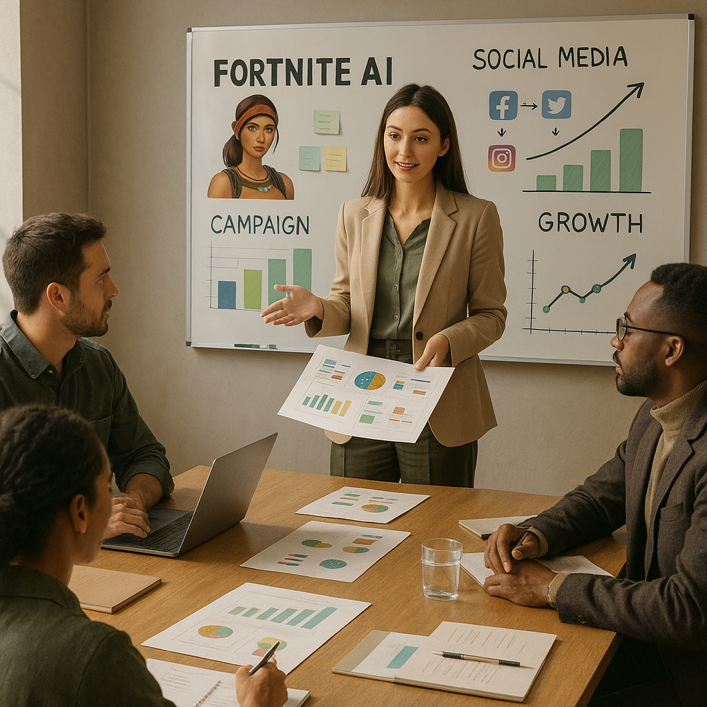 Interface de personagem IA ao estilo Fortnite com insights de estrategia de marketing em redes sociais