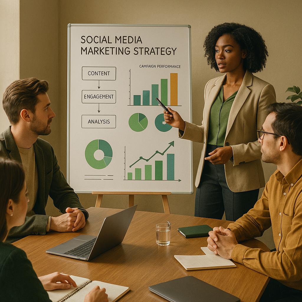 Dashboard-style illustration showing generative engine optimization KPIs for a social media marketing strategy