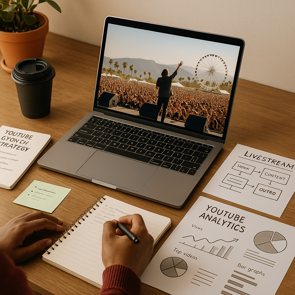 Coachella festival stage setup with YouTube viewing on a mobile screen