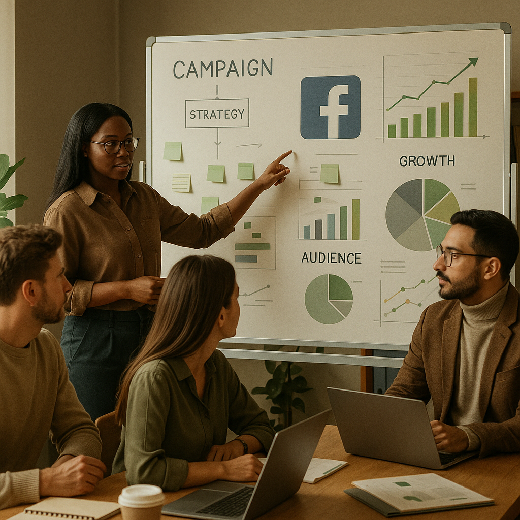 Panel de control con gráficos de analítica de Facebook y métricas de rendimiento de campañas