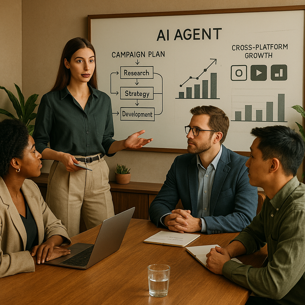 Illustratie van AI-agenten die social media-managers ondersteunen