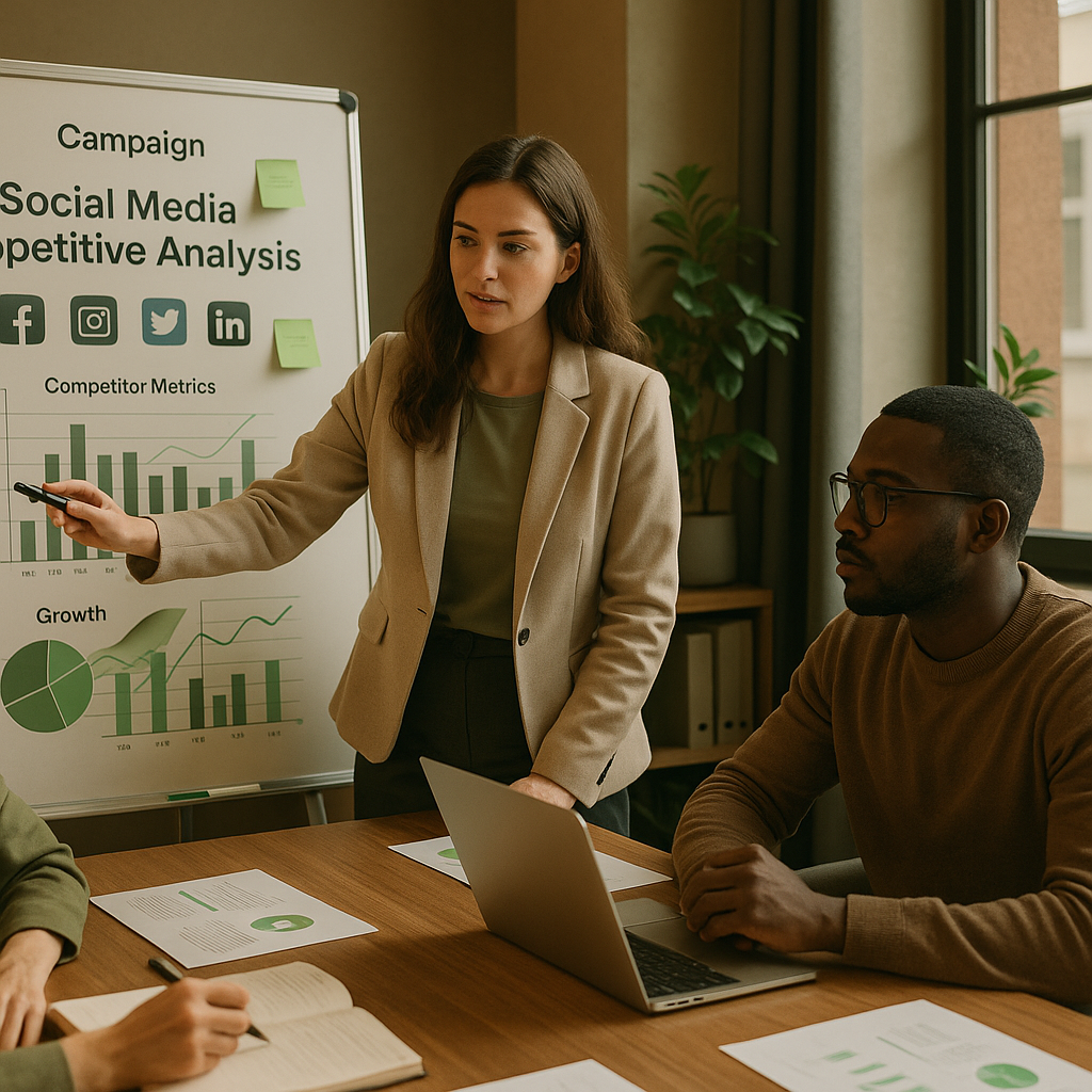 Team analyzing social media performance on a dashboard