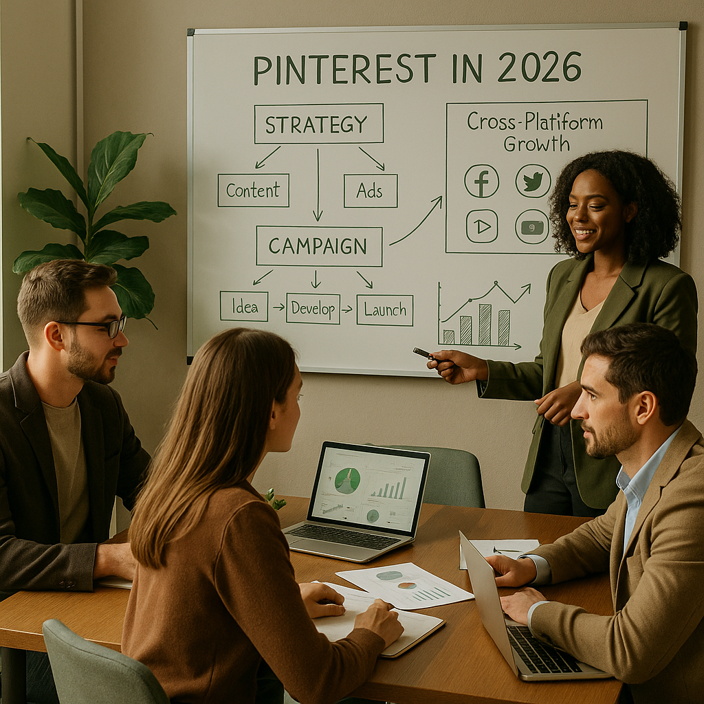 Pinterest board with pins and a laptop showing analytics