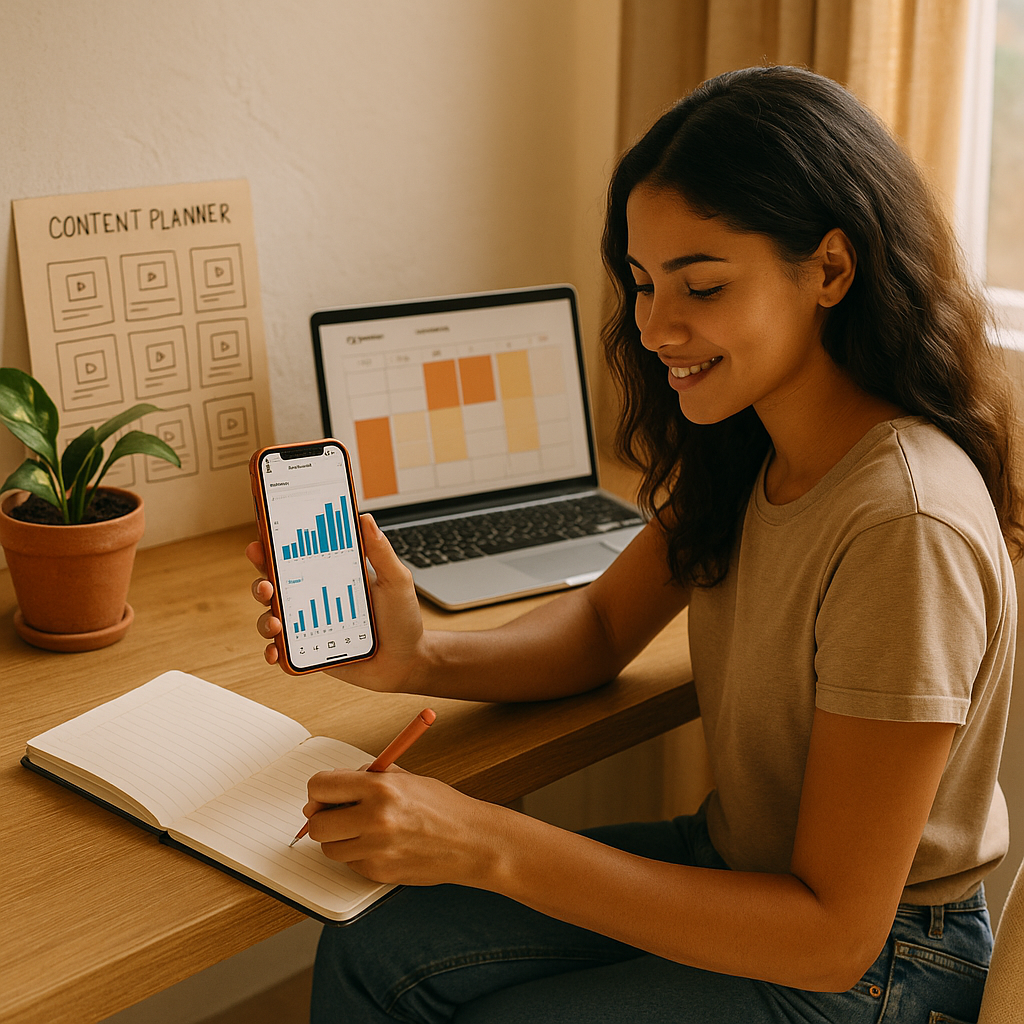 Creator analysiert Instagram-Algorithmus-Signale und Content-Performance auf einem Laptop.