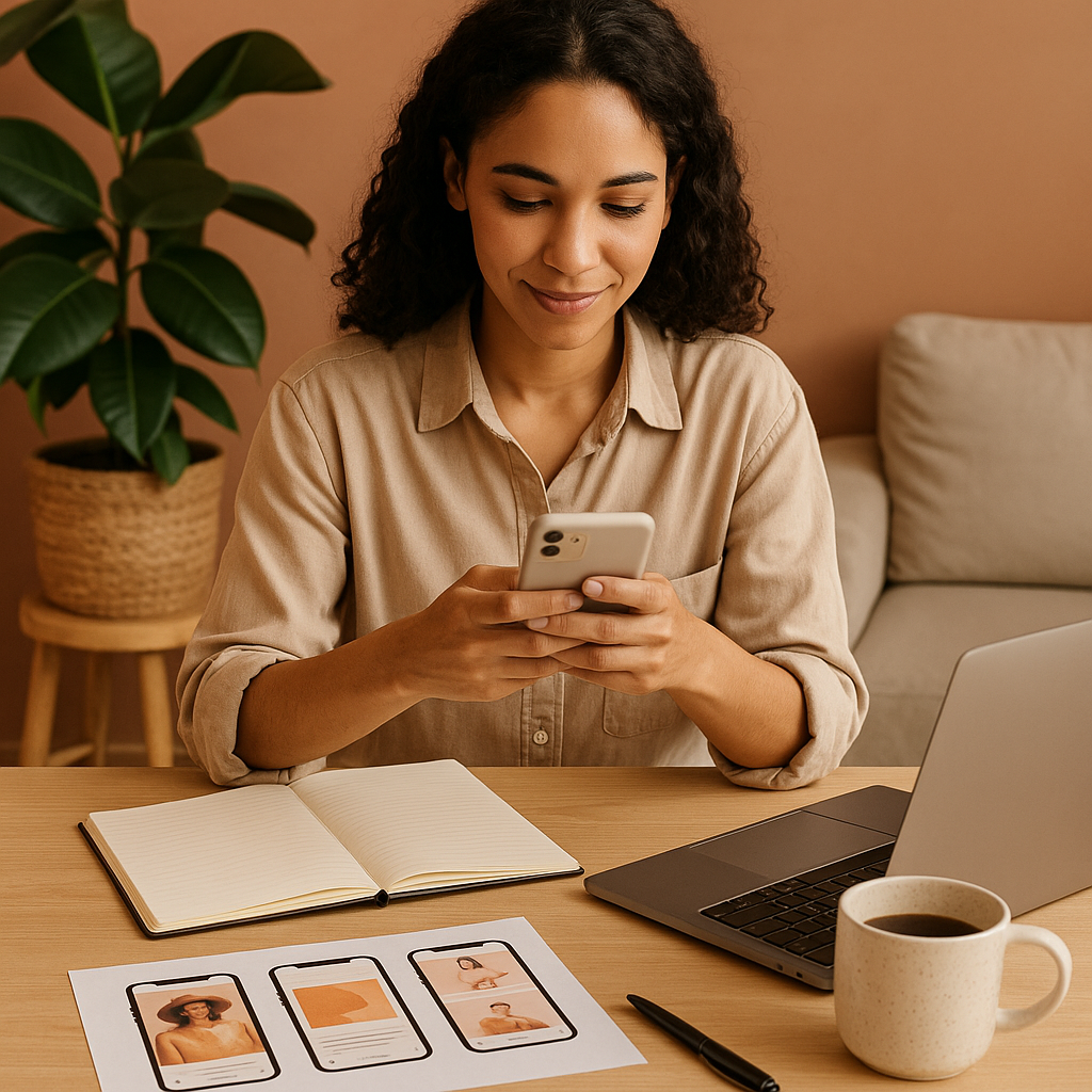 Creator analysiert Instagram-Insights und Monetarisierungsoptionen auf Laptop und Smartphone