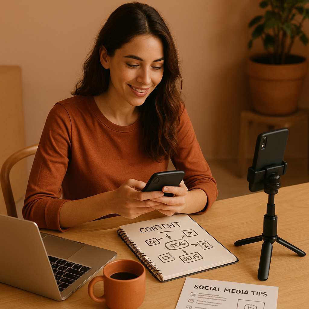 Creator bekijkt Instagram-monetisatiestrategieën op laptop en telefoon in 2026