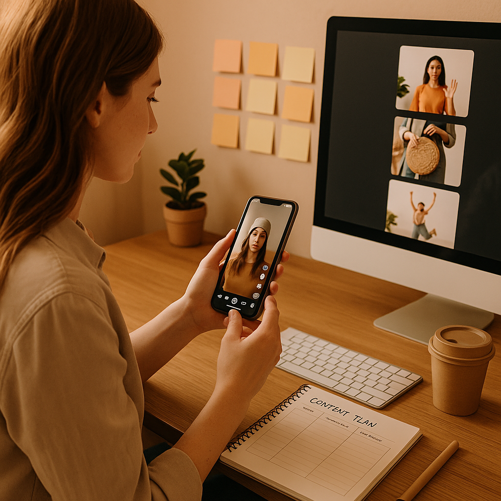 Instagram app interface and growth strategy notes on a desk