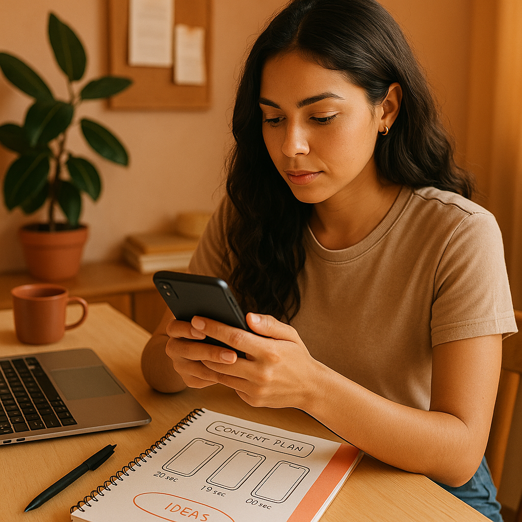 Creator reviewing Instagram algorithm signals and growth analytics on a laptop and phone