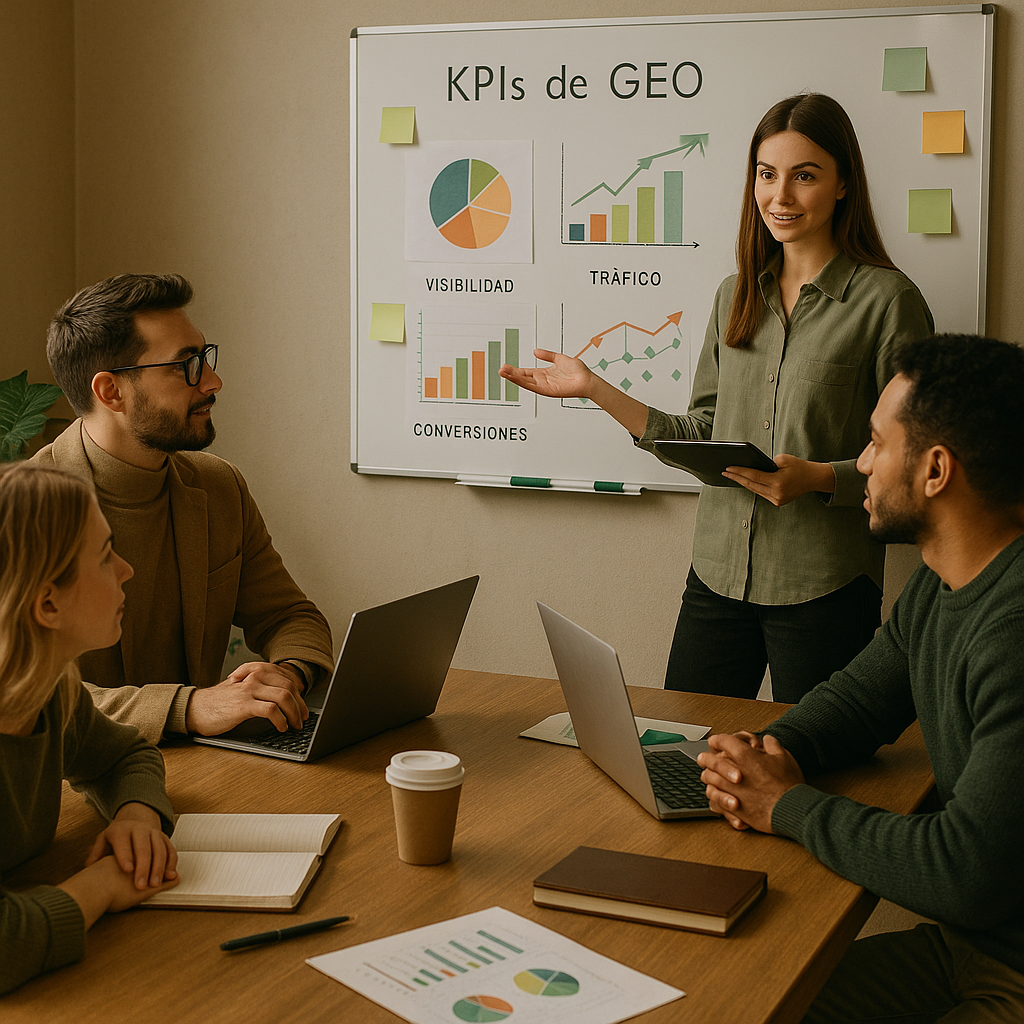 Ilustración tipo dashboard con KPIs de GEO para una estrategia de marketing en redes sociales