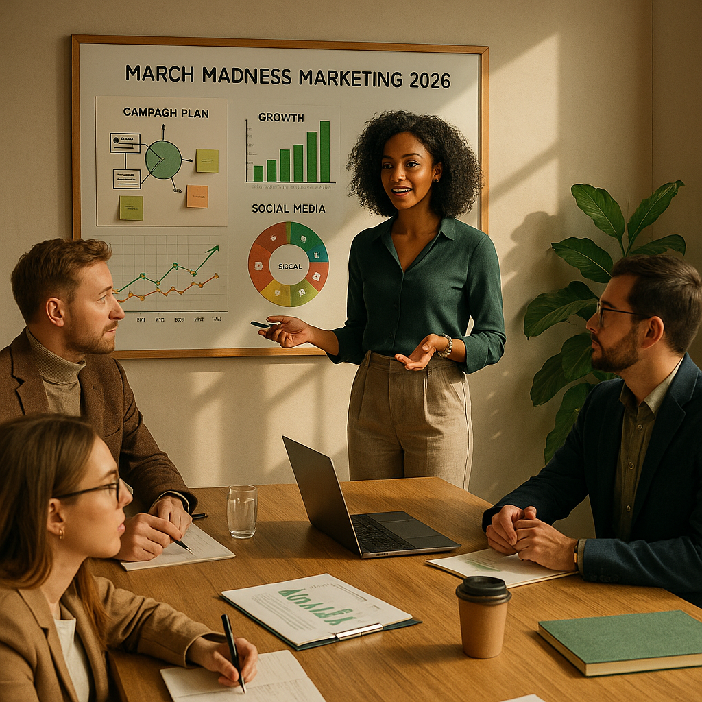 Marketing-Team plant eine March-Madness-Social-Media-Kampagne am Laptop mit Basketball-Visuals