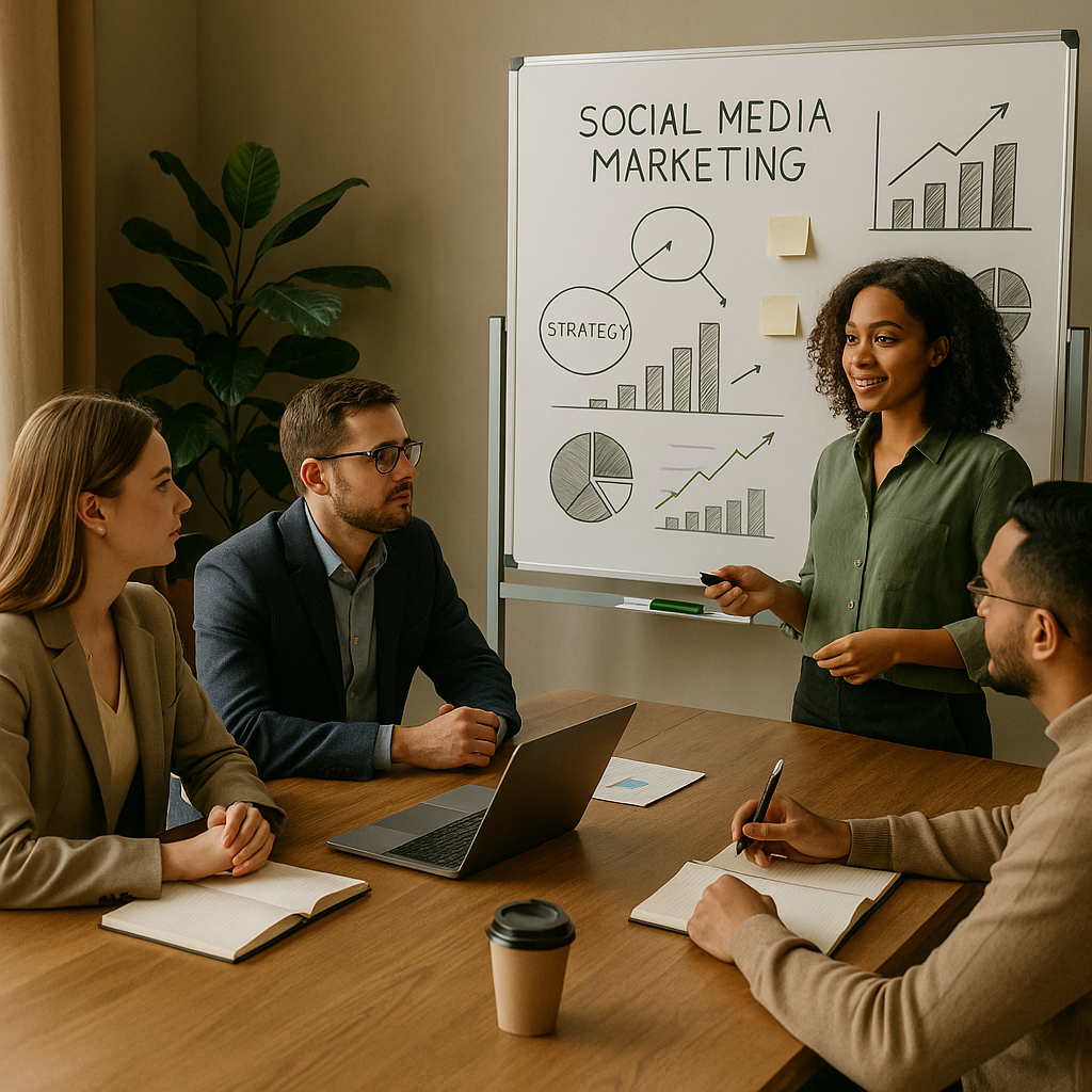 Marketingteam dat op een laptop een March Madness socialmediacampagne plant met basketbalvisuals