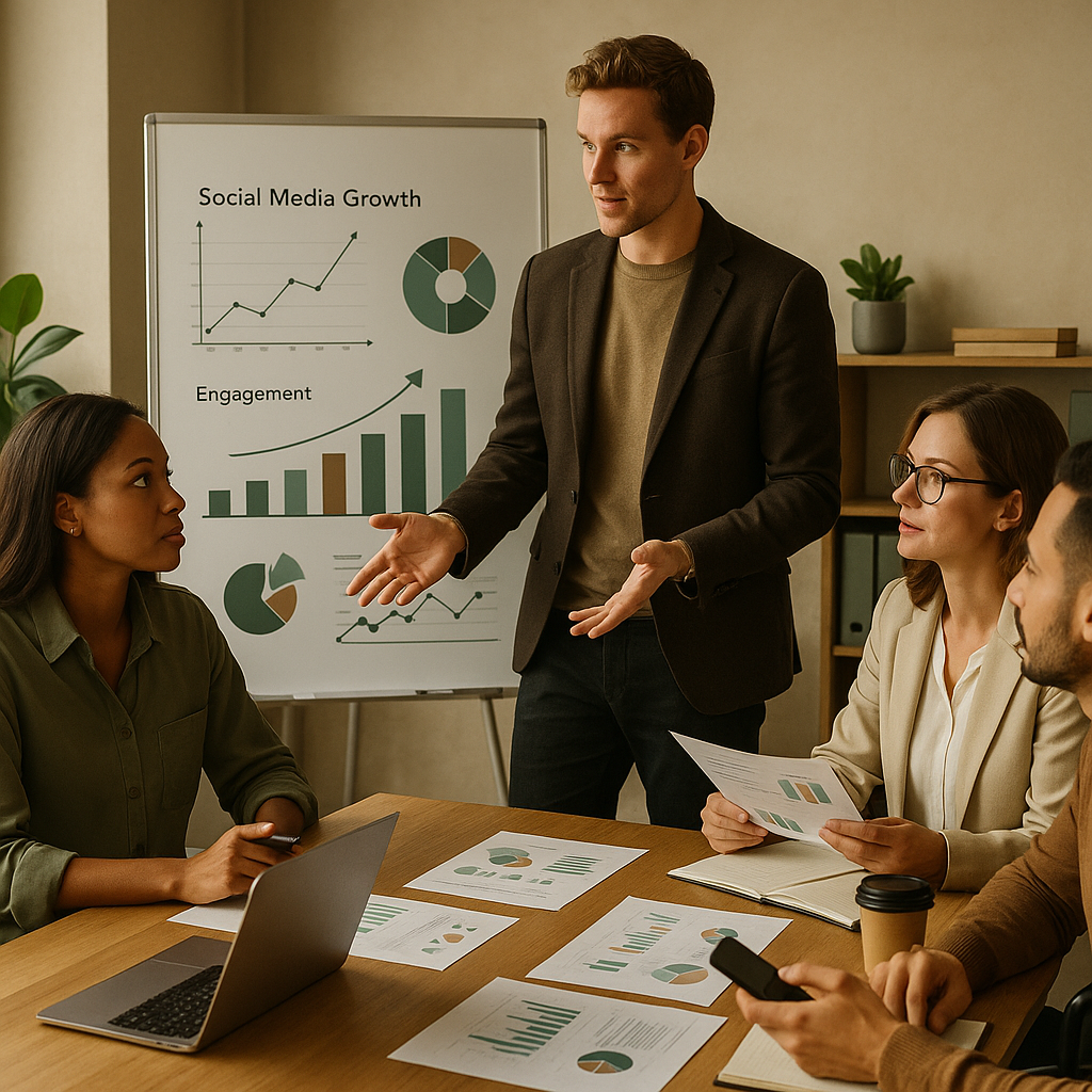 Equipe de marketing planeando uma campanha de March Madness em redes sociais num laptop com visuais de basquete