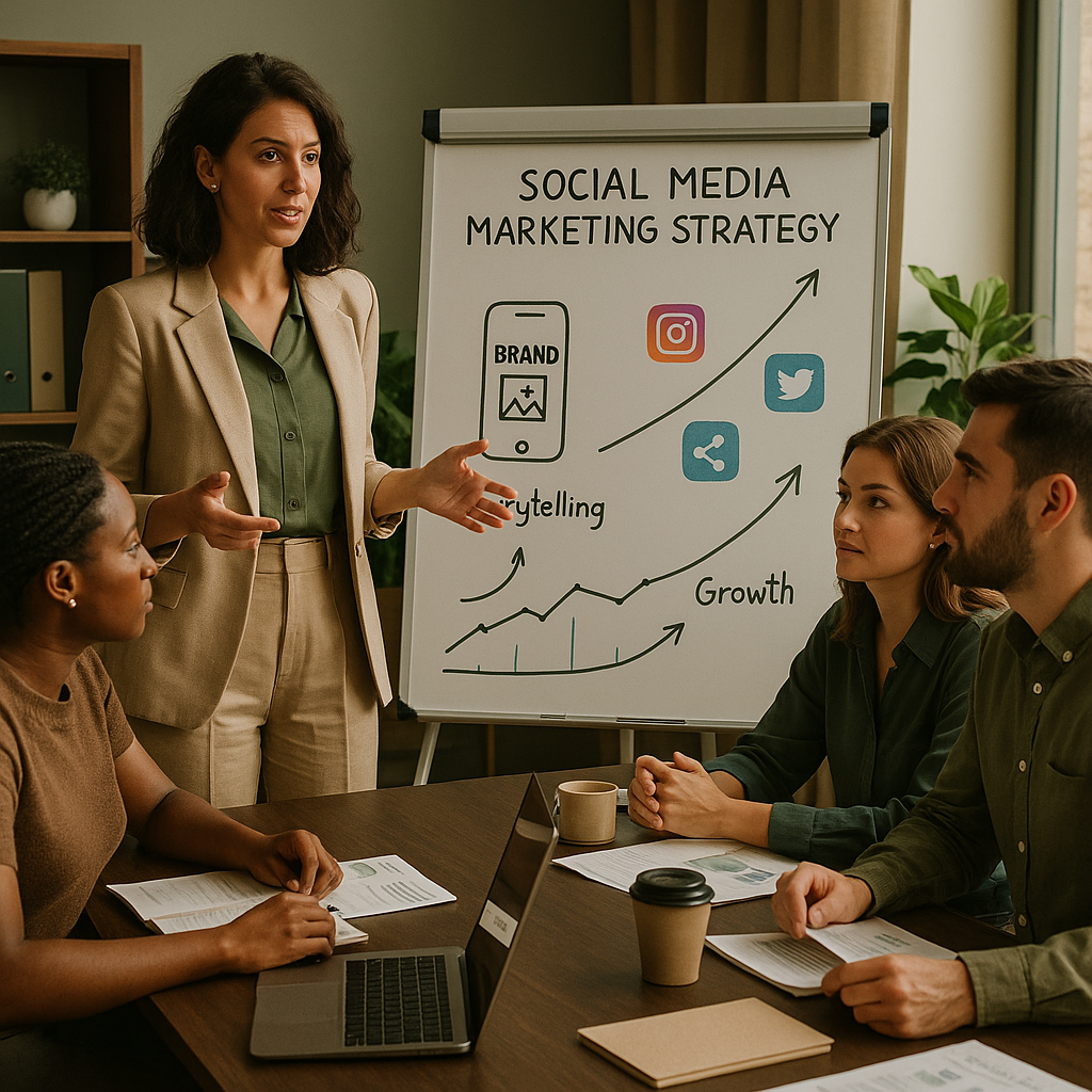 Retail team planning a social media marketing strategy with creator content and product storytelling on a laptop