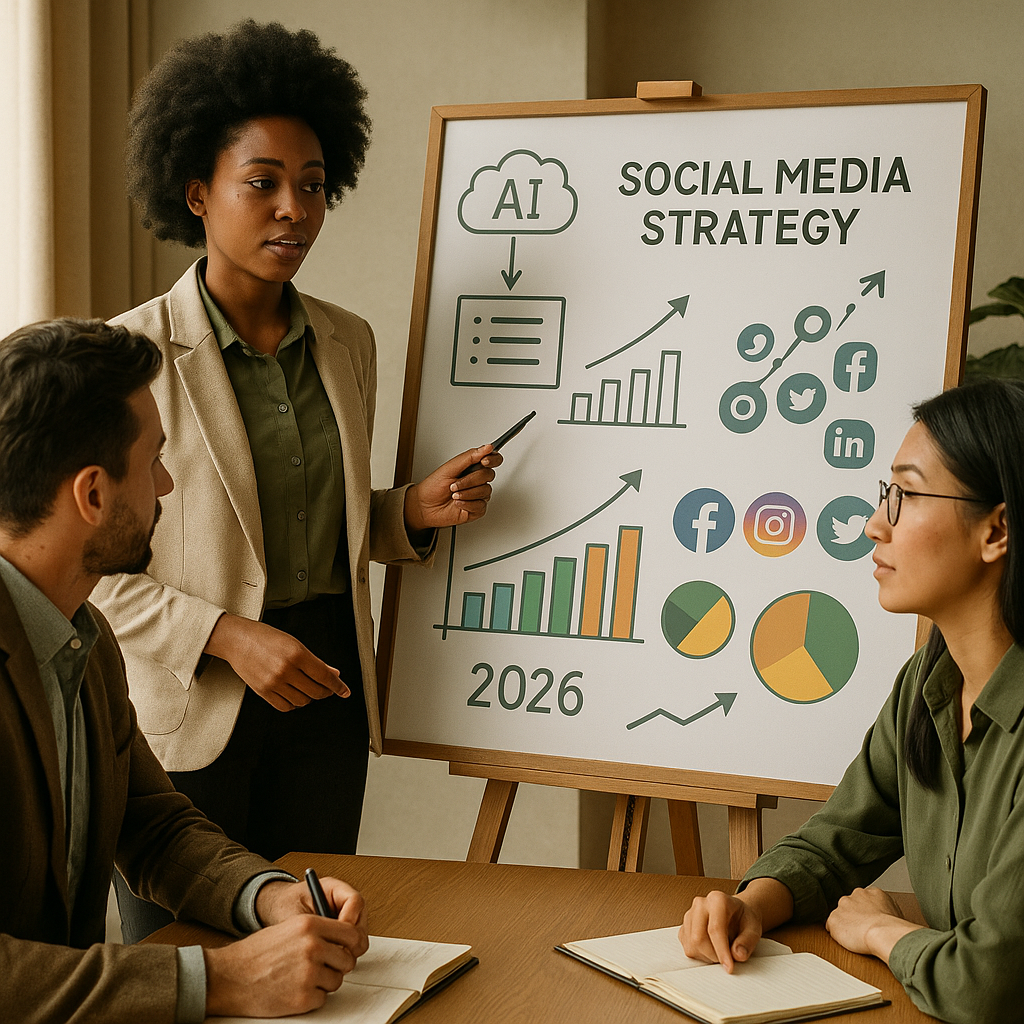 Herramientas de IA para redes sociales en un panel con planificación de contenidos y análisis de rendimiento