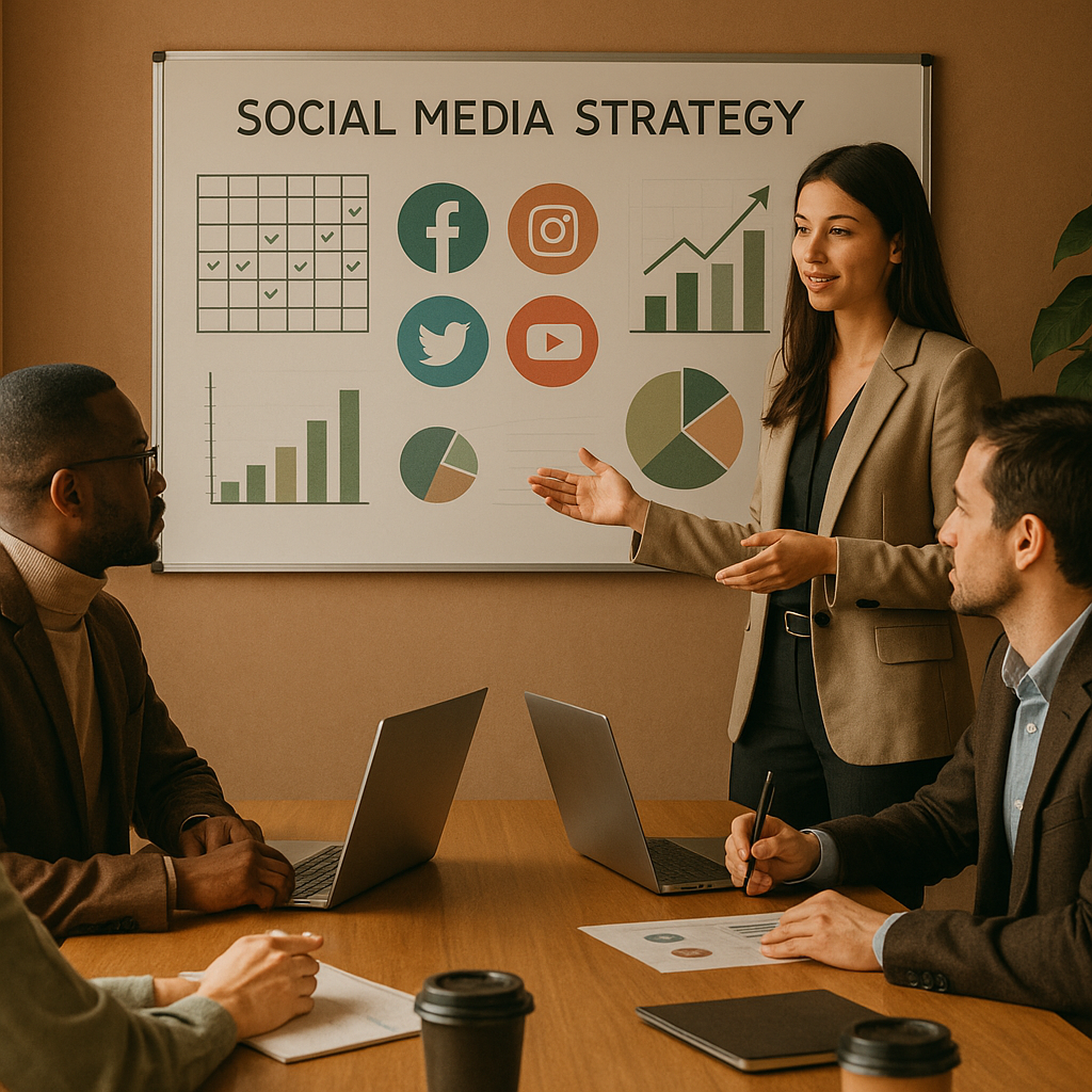Pantalla de portátil mostrando un panel de programación de redes sociales con calendario y publicaciones