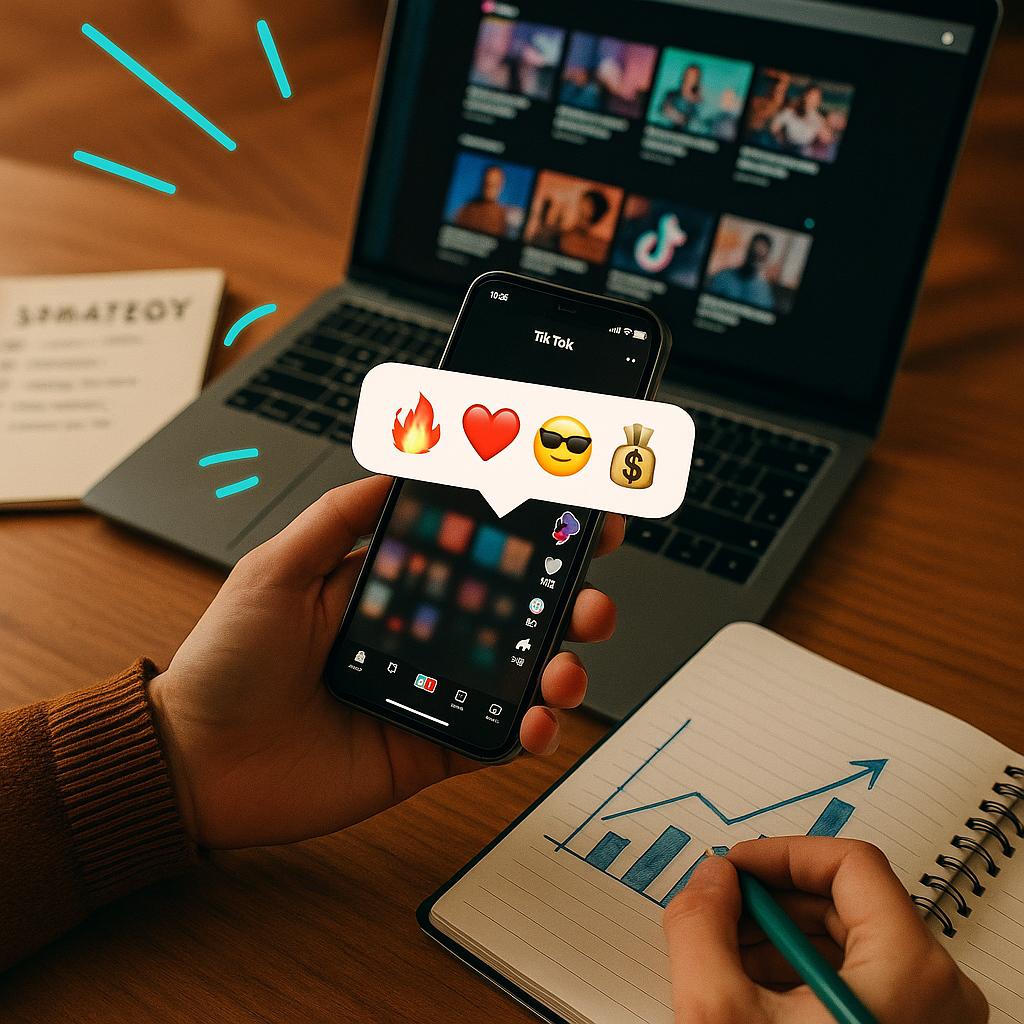 Estratégia de crescimento no TikTok ilustrada com exemplos de códigos emoji em um smartphone