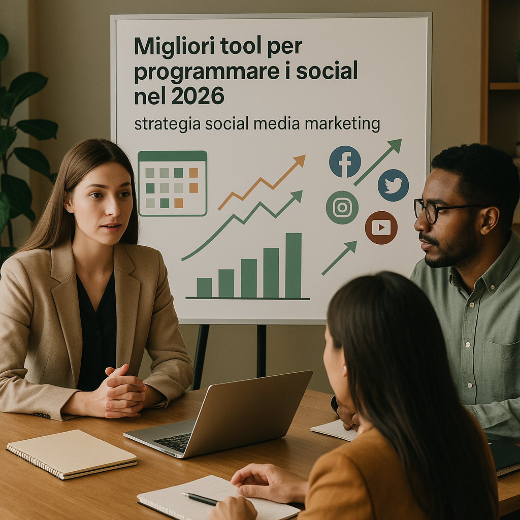 Schermo di un laptop con dashboard di programmazione social e calendario dei post