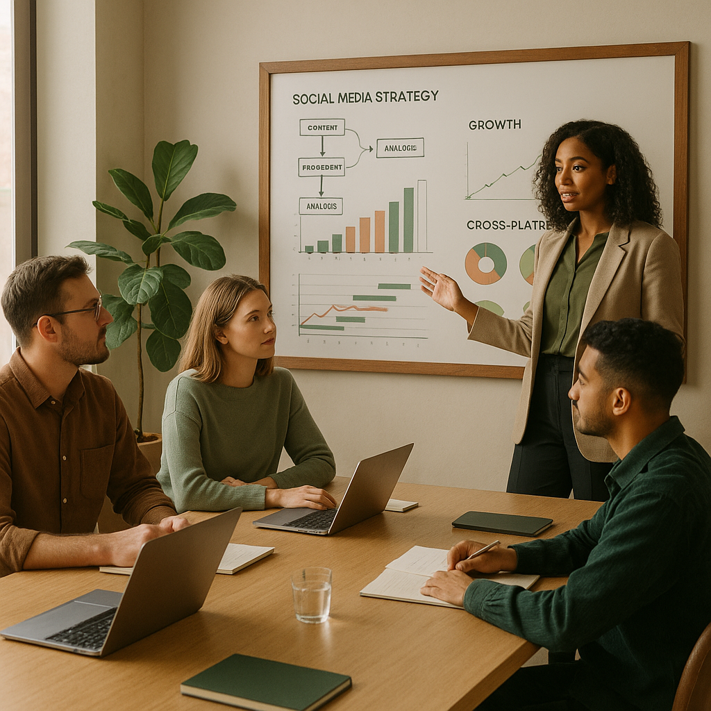 Un grupo diverso de millennials interactuando con dispositivos móviles en redes sociales