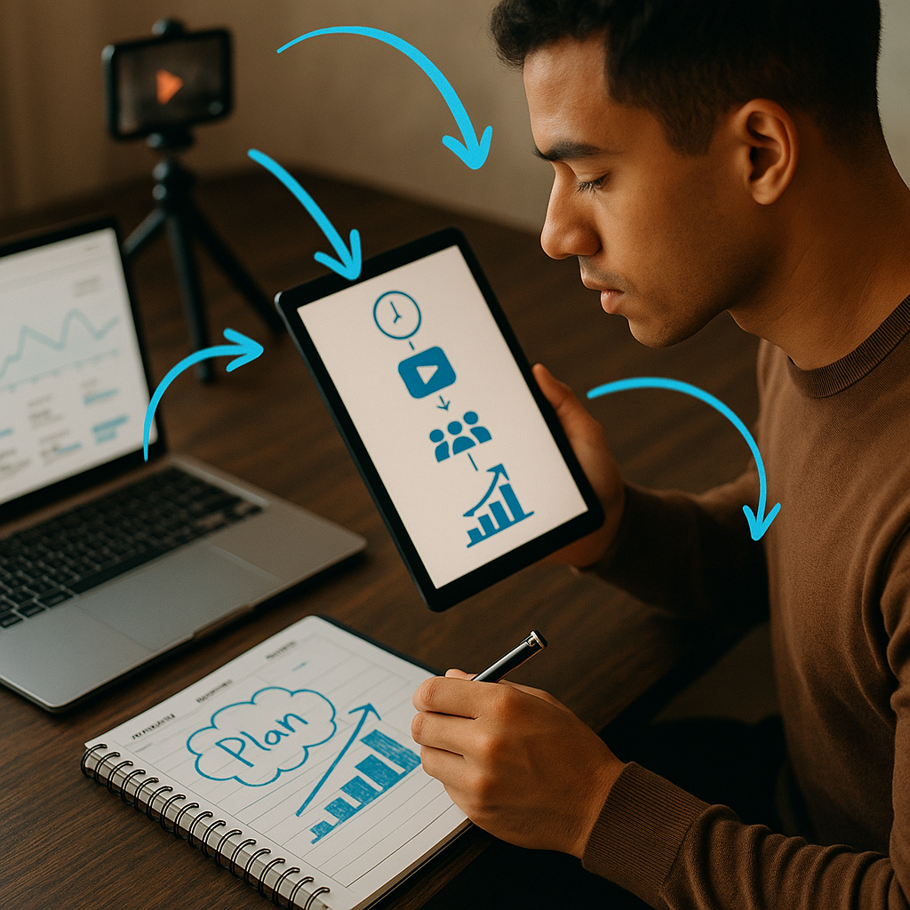 Creador revisando una cronología de noticias de TikTok 2026 y métricas de crecimiento en una laptop