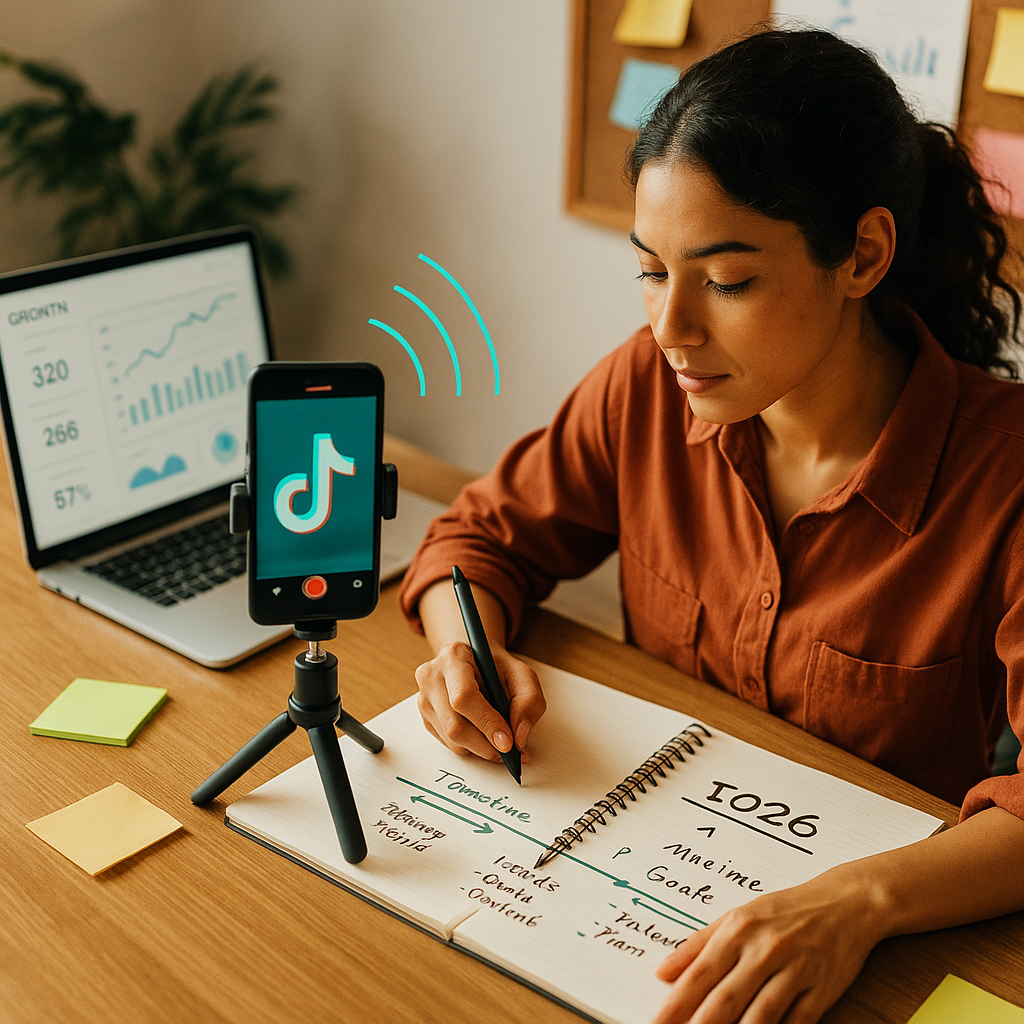 Criador analisando novidades do TikTok e notas de linha do tempo para planejar o crescimento em 2026
