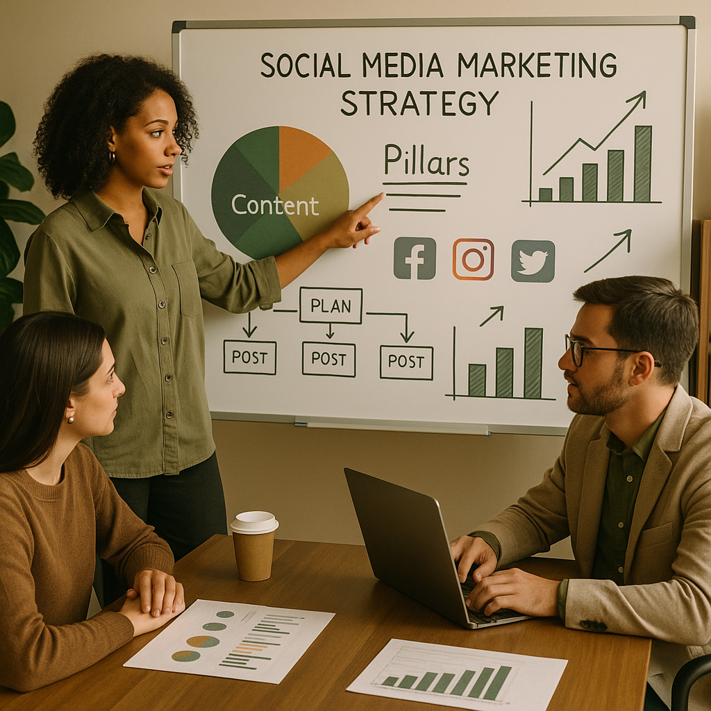 Equipe planejando content pillars para redes sociais em um quadro de estratégia com ideias de conteúdo e notas de campanha.