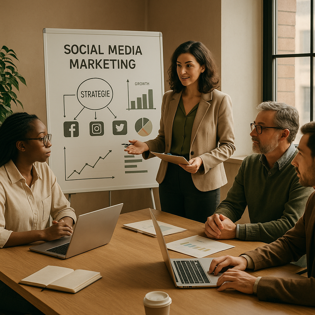 Team koordiniert Social-Media-Workflow auf Geräten