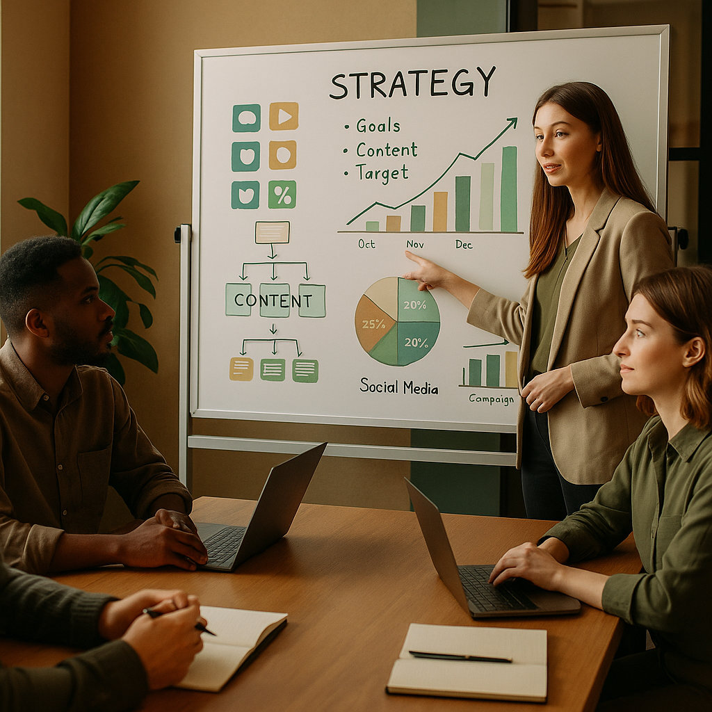 Equipo coordinando un flujo de trabajo en redes sociales con dispositivos