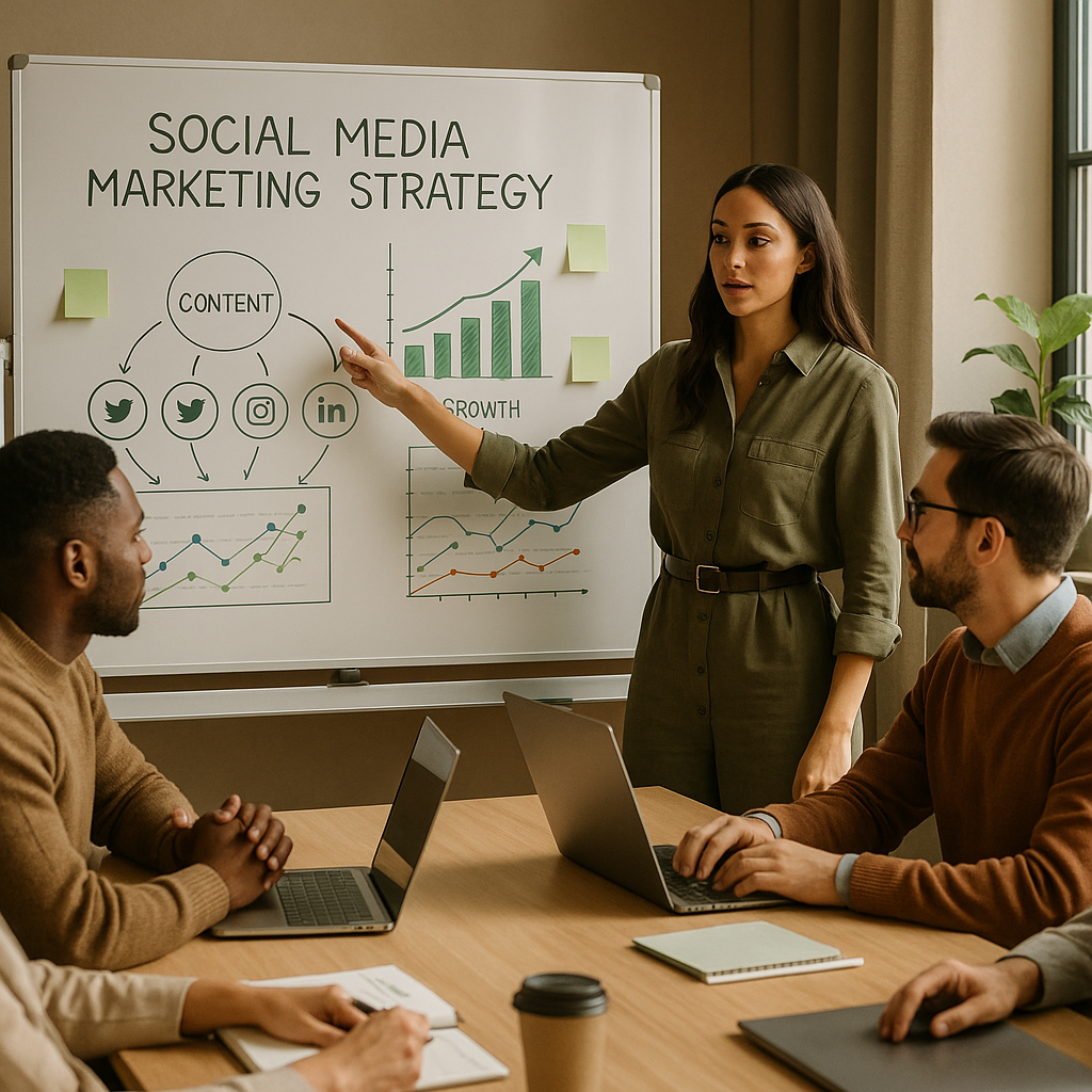 Team coordinating a social media workflow on devices