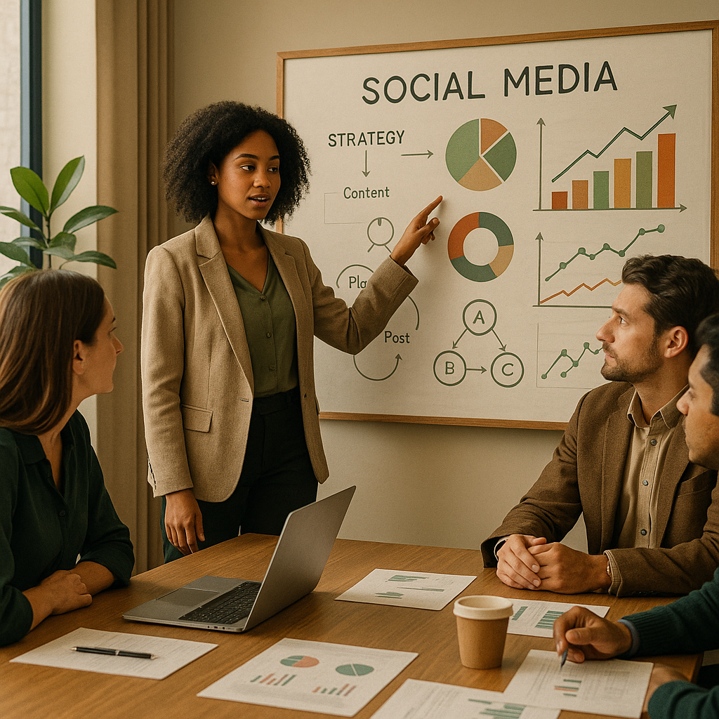 Team che coordina un flusso di lavoro social su dispositivi