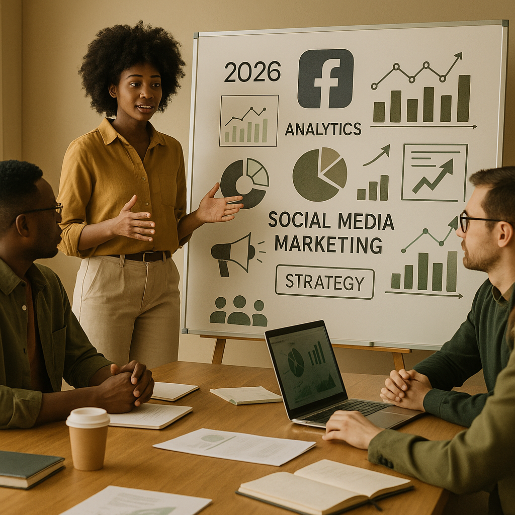 Écrans de tableau de bord montrant des métriques Facebook, des graphiques d’engagement et des widgets de reporting.
