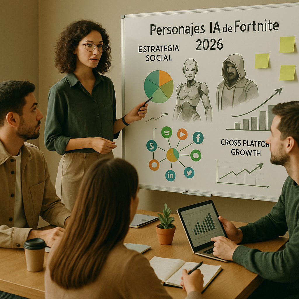 Interfaz de personaje IA al estilo Fortnite con ideas de estrategia de marketing en redes sociales