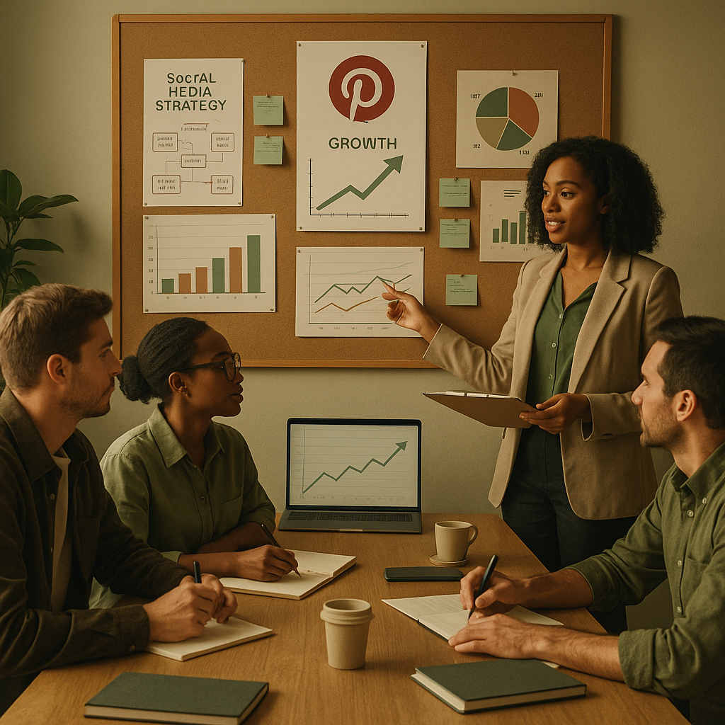 Tablero de Pinterest con pines y un portátil que muestra analíticas