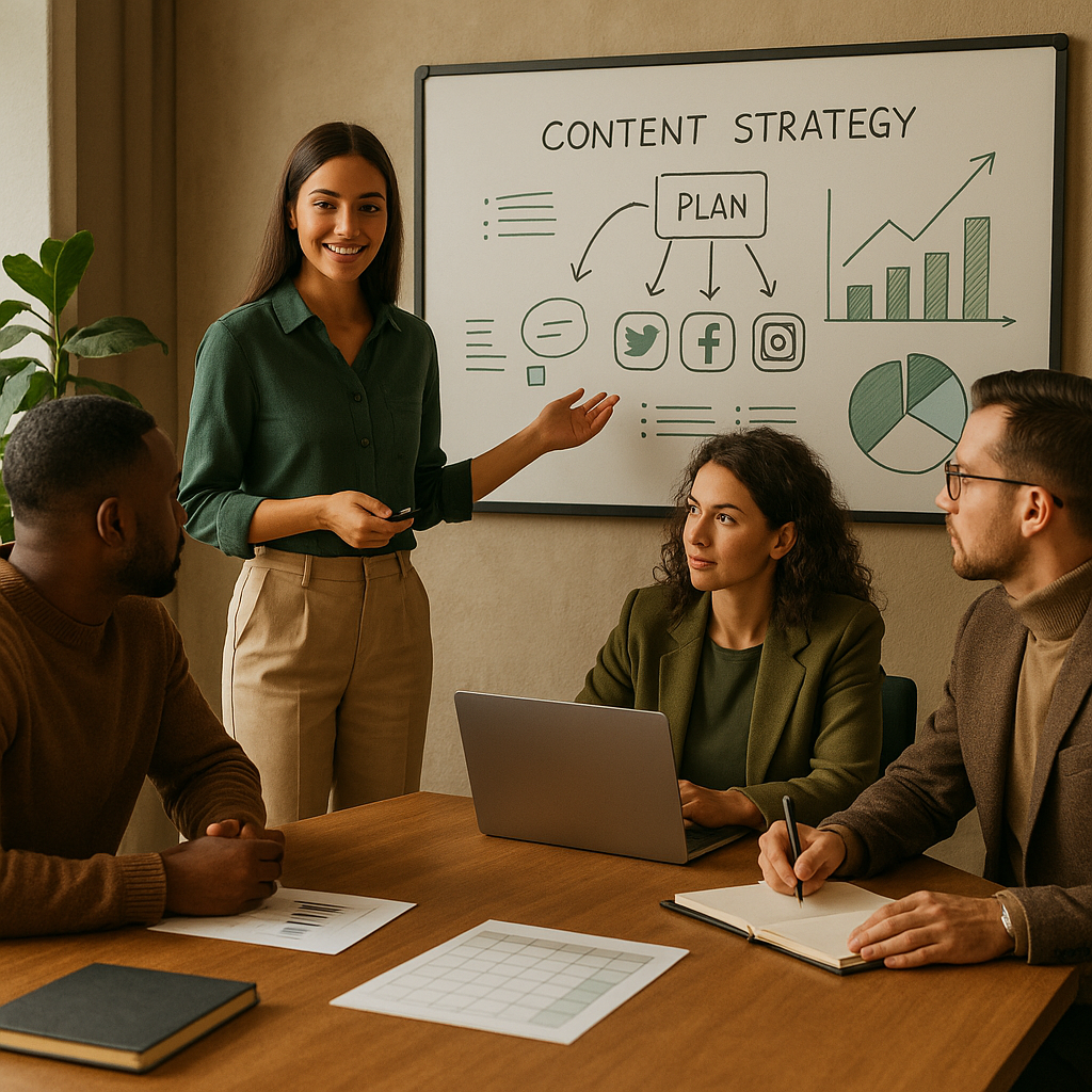 Equipo planificando un calendario de contenidos para redes sociales en un portátil, con notas de estrategia y herramientas de programación