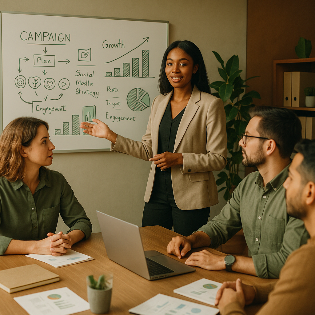 Équipe marketing analysant des résultats d’IA social-first sur un tableau de bord