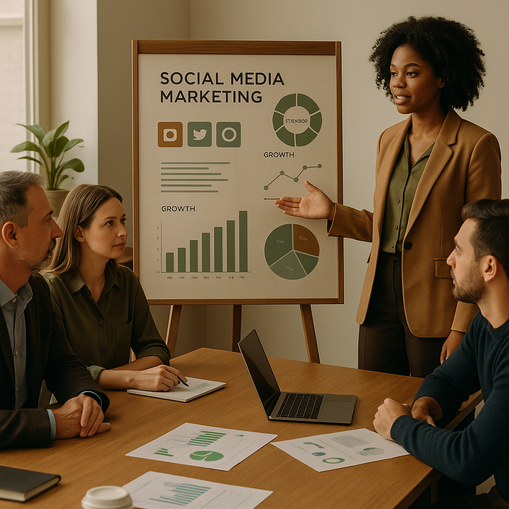 Equipe coordenando um plano de redes sociais em telas e cadernos