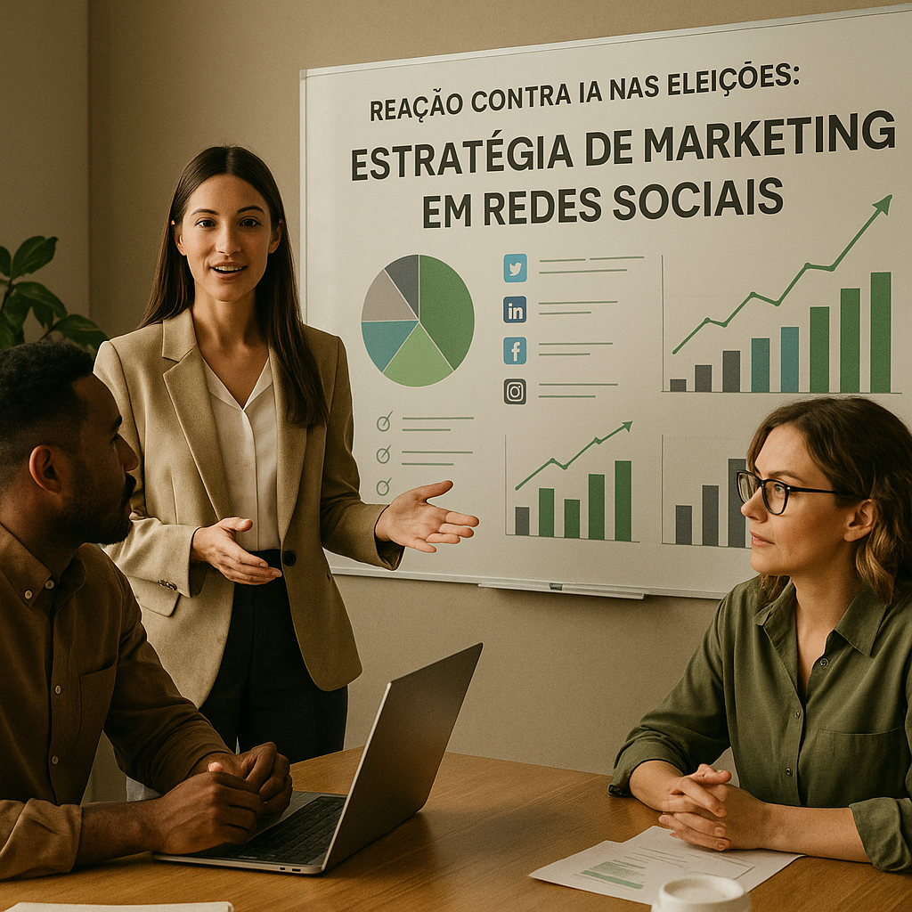 Tela de analytics em redes sociais com alertas de conteúdo gerado por IA e tendências de sentimento do público em contexto eleitoral