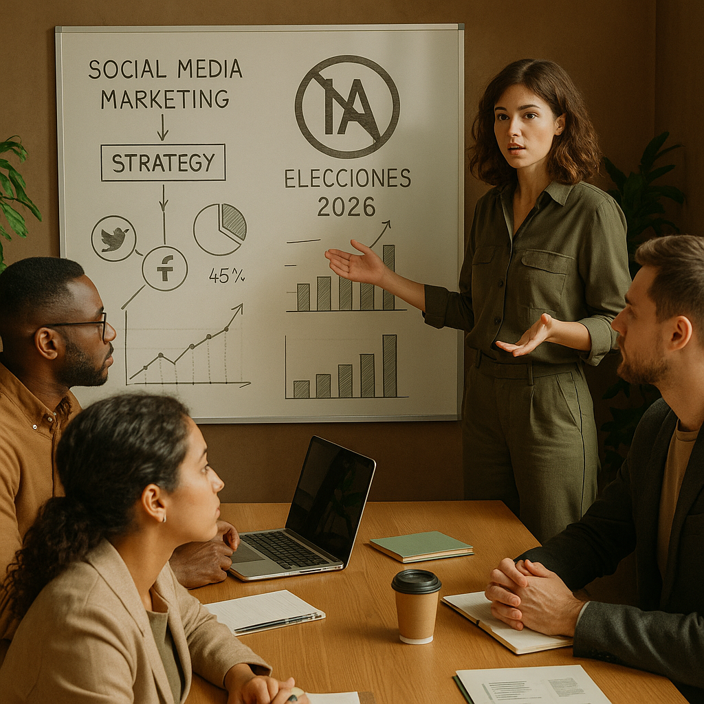 Visuales de campaña electoral y contenido generado con IA en pantallas de redes sociales